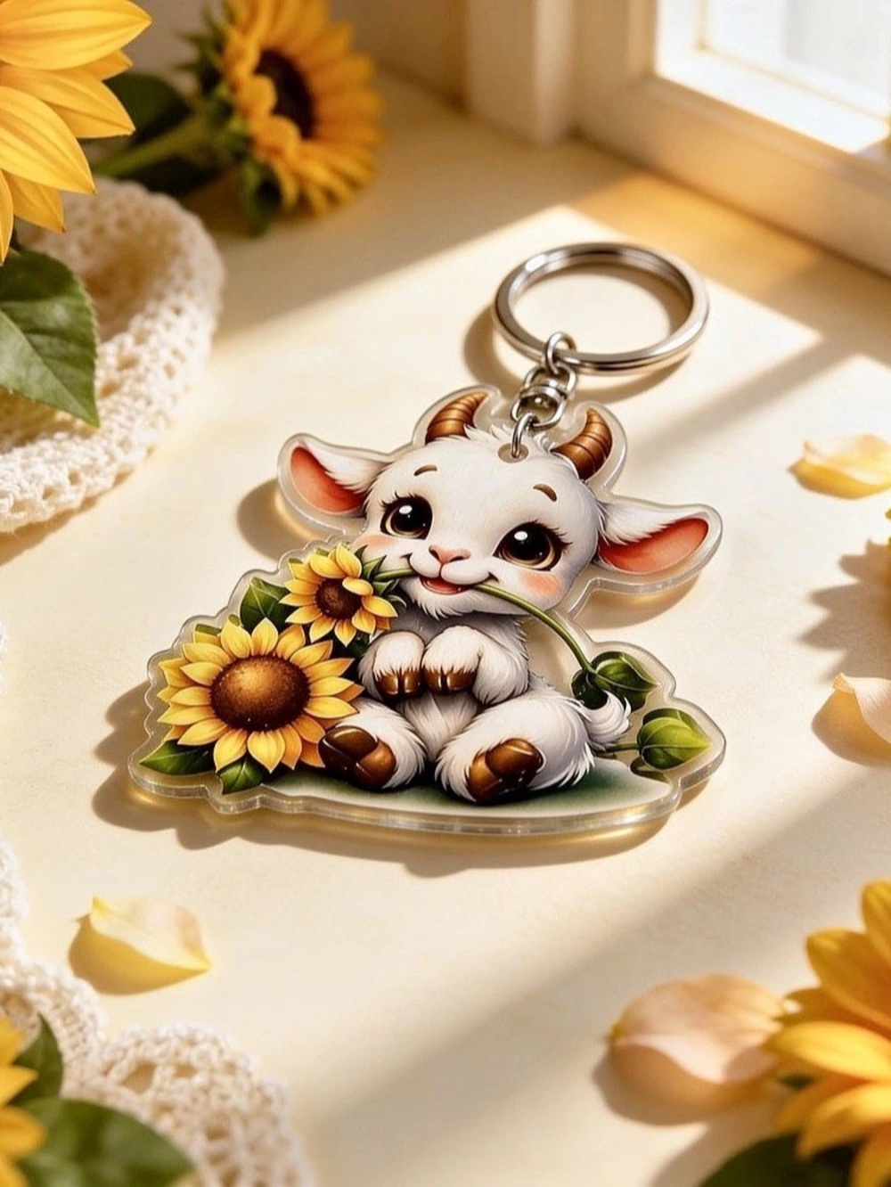 Highland Cow Keychain in White & Yellow